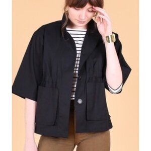 SBJ Austin Kim Jacket Black Cotton Canvas Boxy Lagenlook 3/4 Sleeve Small 1/2‎